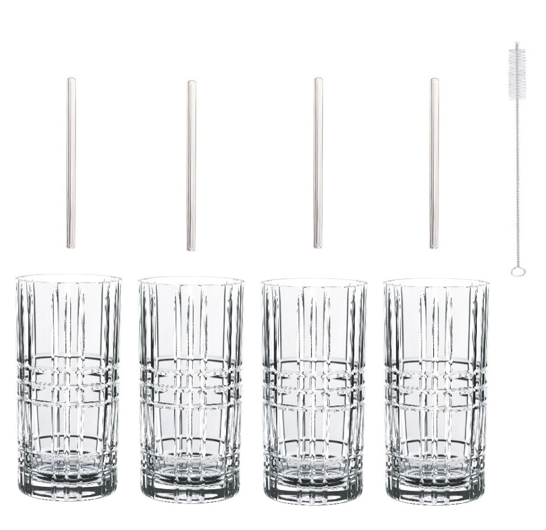 Набор стаканов 4шт. лонгдринк + 4 стеклянных трубочки + щеточка для чистки Highland, 445 мл